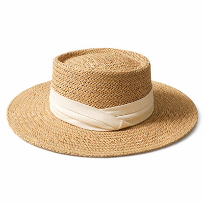 Chapeau de Paille Style Canotier – Bord Plat et Ruban