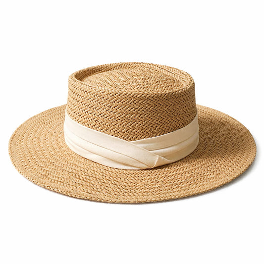 Chapeau de Paille Style Canotier – Bord Plat et Ruban