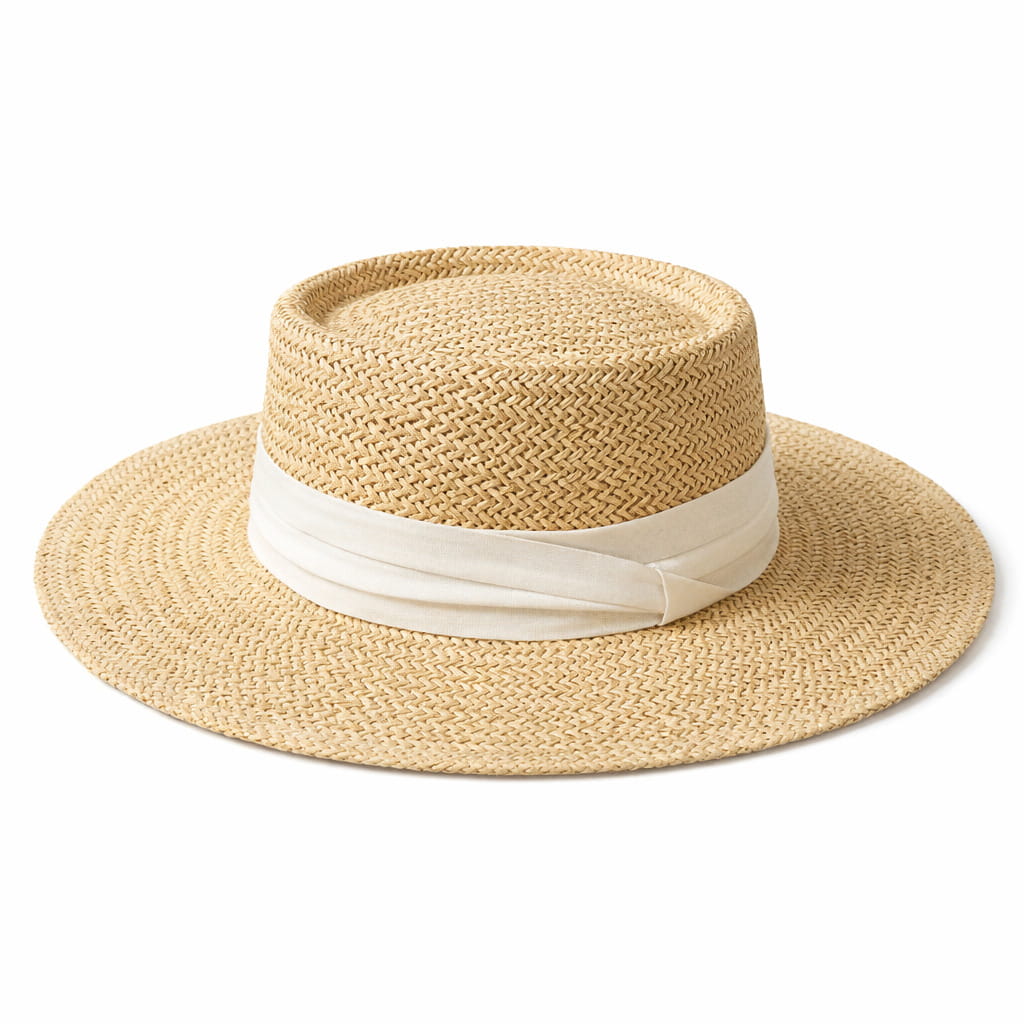 Chapeau de Paille Style Canotier – Bord Plat et Ruban