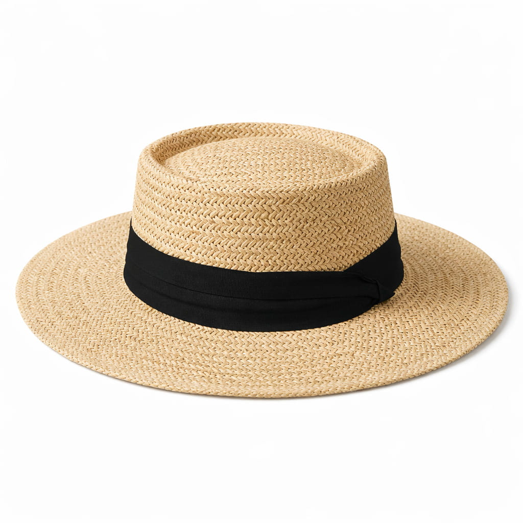 Chapeau de Paille Style Canotier – Bord Plat et Ruban
