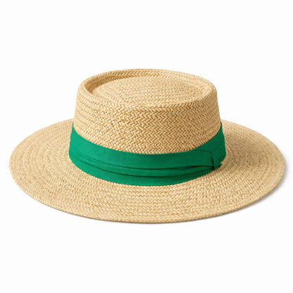 Chapeau de Paille Style Canotier – Bord Plat et Ruban