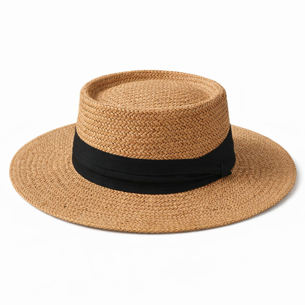 Chapeau de Paille Style Canotier – Bord Plat et Ruban