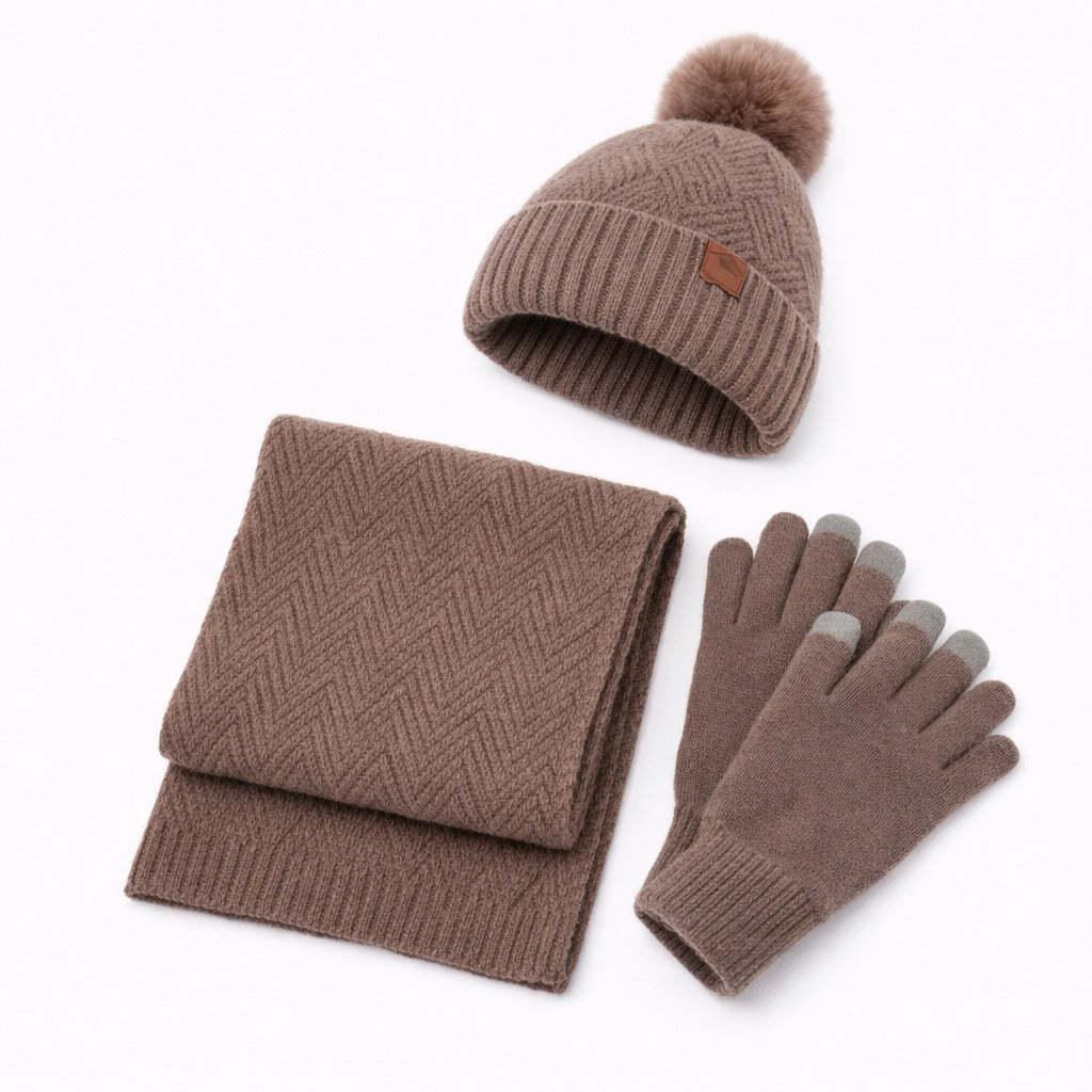 Ensemble Femme Bonnet, Écharpe et Gants en tricot