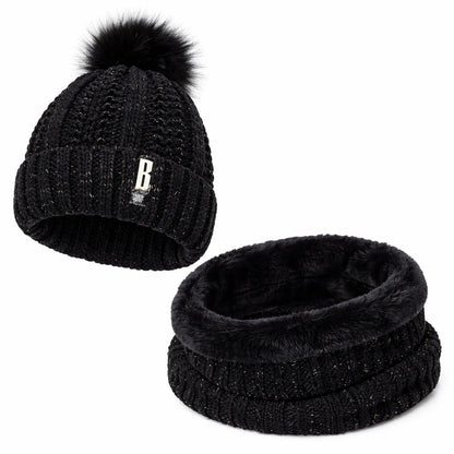 Ensemble Bonnet Femme Pompon en Maille & Écharpe Épaisse