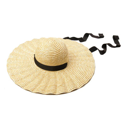 Chapeau de Paille Femme – Bord Large Ondulé avec Cordons