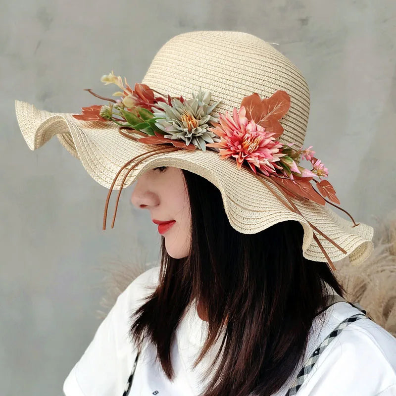 Chapeau de Paille Femme à Fleur Large Bord - Wavym