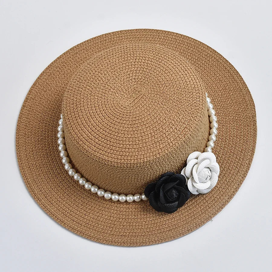 Chapeau de Paille Femme – Fleurs Décoratives et Perles