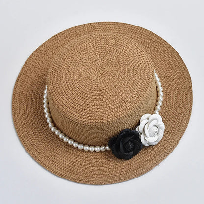 Chapeau de Paille Femme – Fleurs Décoratives et Perles