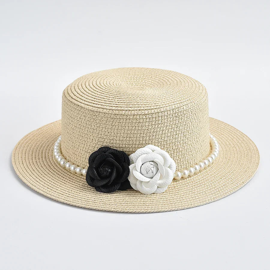 Chapeau de Paille Femme – Fleurs Décoratives et Perles