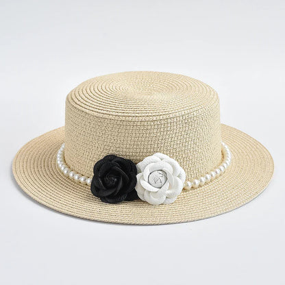 Chapeau de Paille Femme – Fleurs Décoratives et Perles