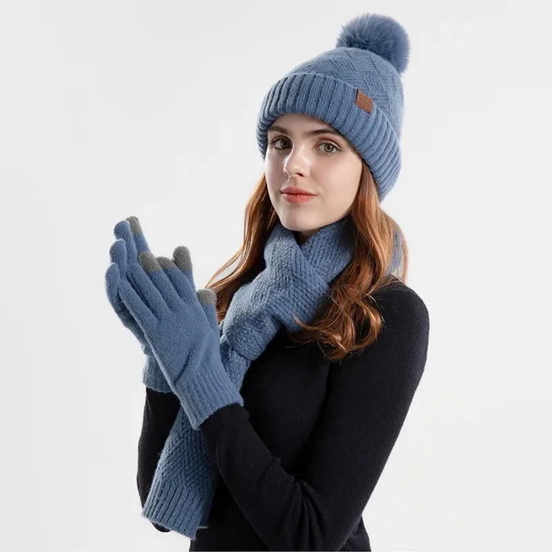 Ensemble Femme Bonnet, Écharpe et Gants en tricot