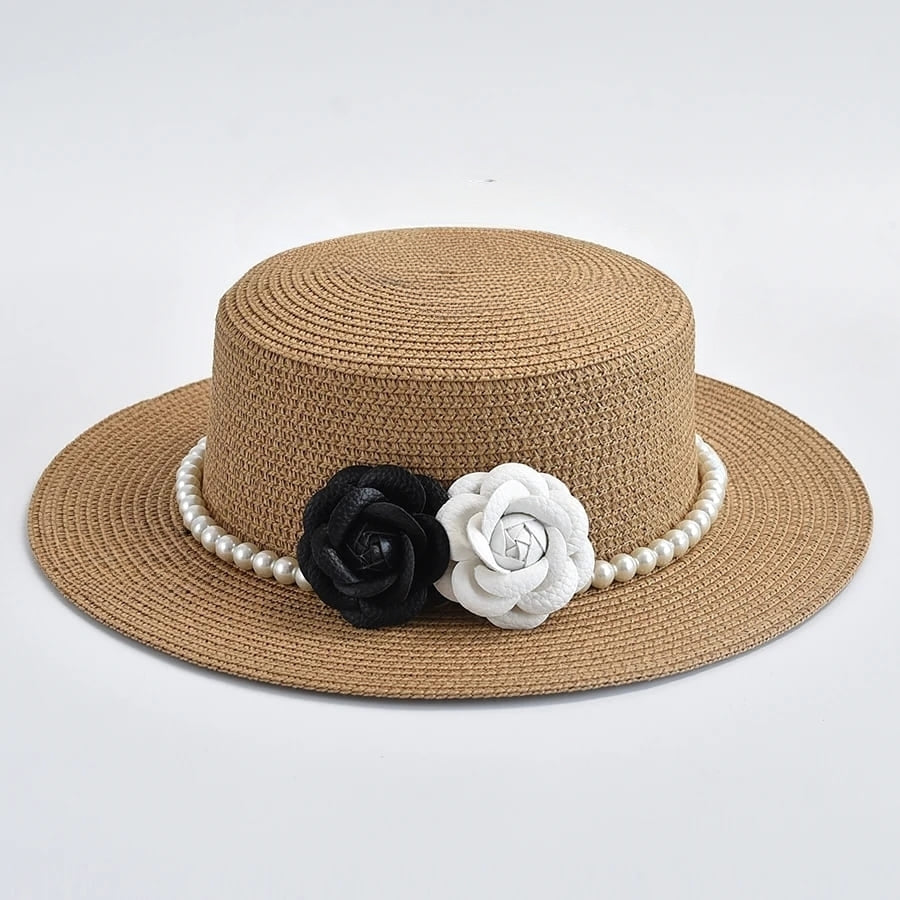 Chapeau de Paille Femme – Fleurs Décoratives et Perles
