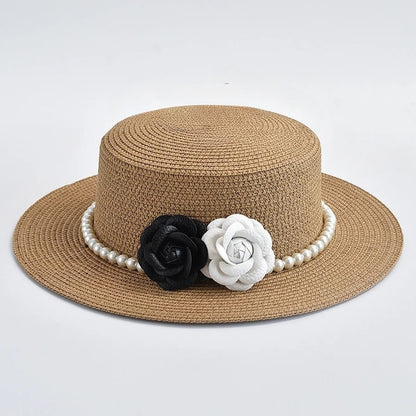 Chapeau de Paille Femme – Fleurs Décoratives et Perles