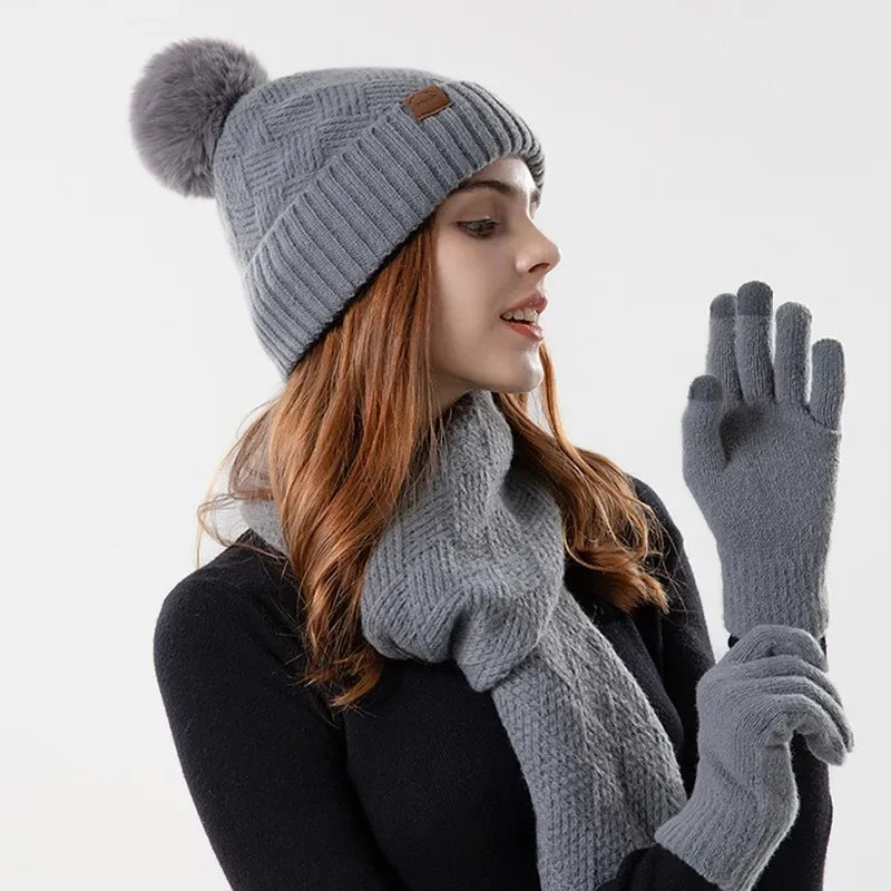 Ensemble Femme Bonnet, Écharpe et Gants en tricot