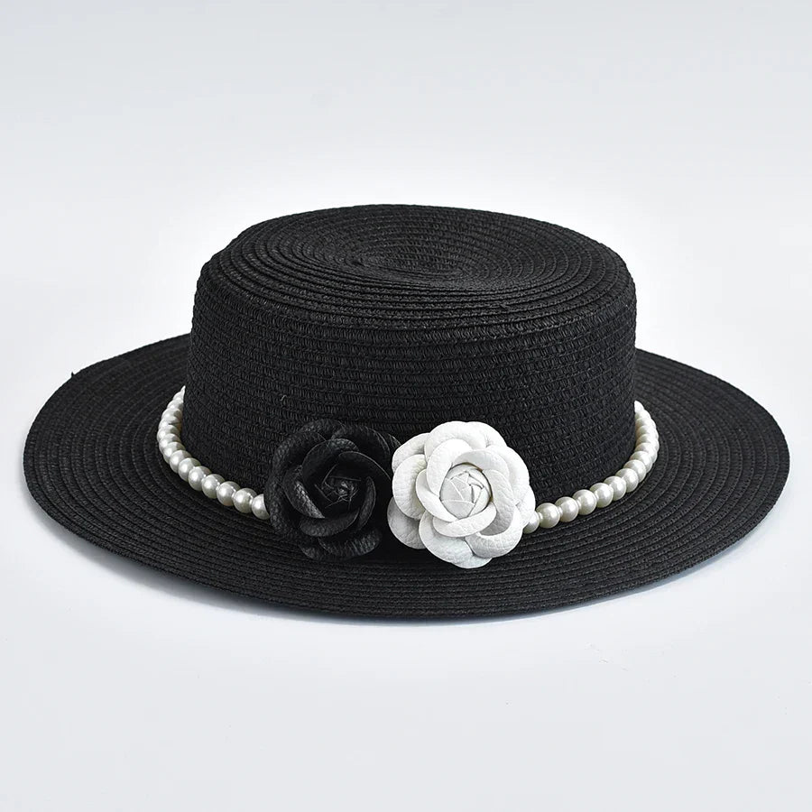 Chapeau de Paille Femme – Fleurs Décoratives et Perles