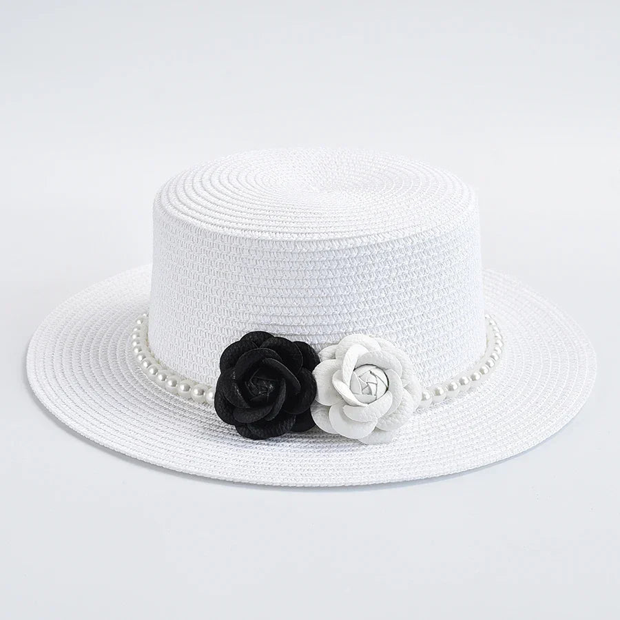 Chapeau de Paille Femme – Fleurs Décoratives et Perles